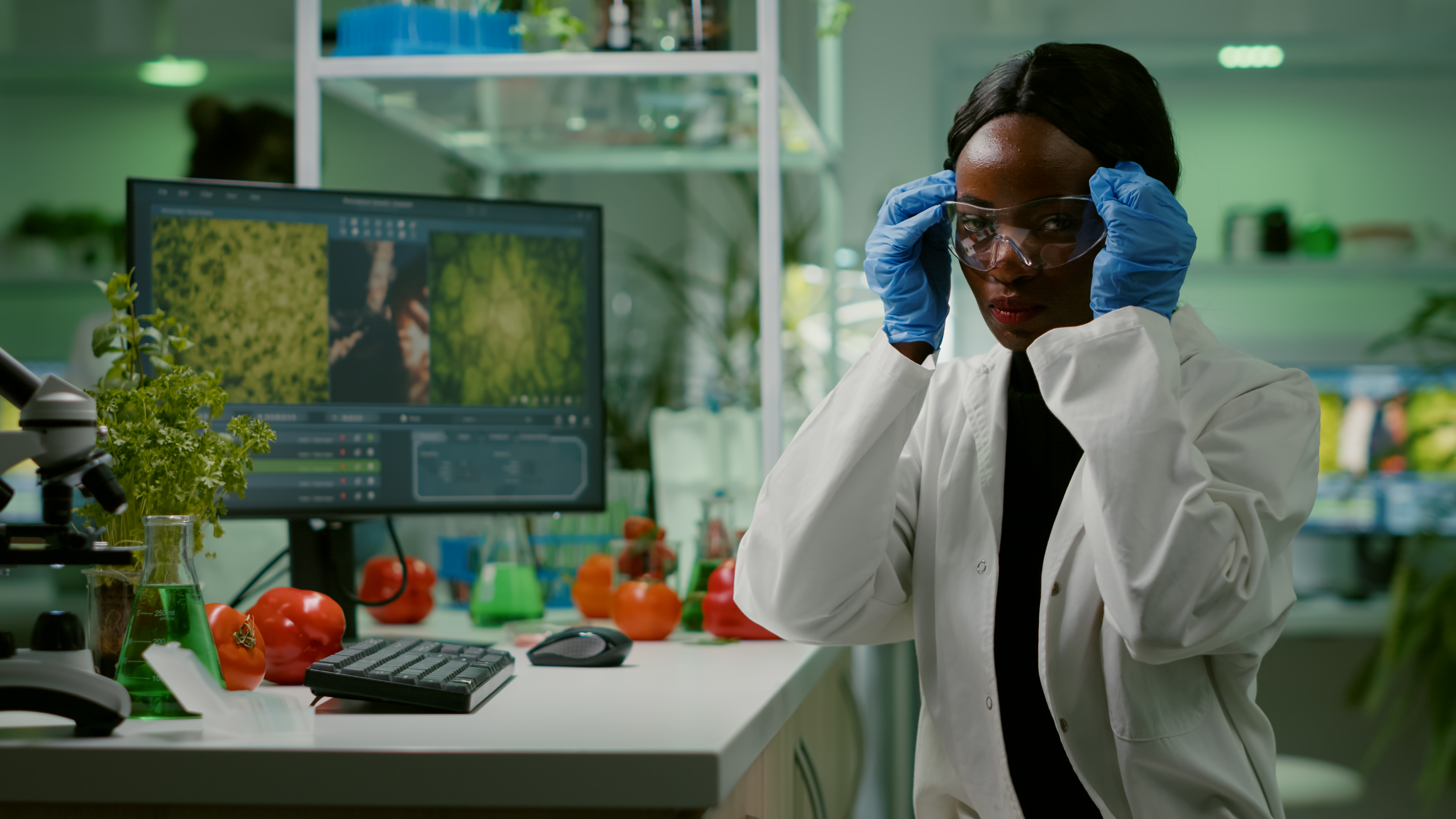 african-scientific-woman-putting-her-medical-glasses-looking-at-camera