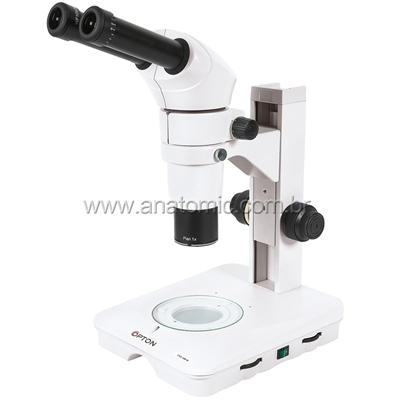 Microscópio estereoscópico binocular com objetiva zoom 0.8X ~ 8X, iluminação transmitida e refletida LED 2W.