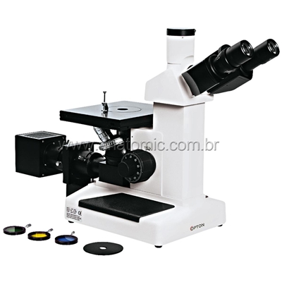 Microscópio Metalográfico Invertido Trinocular com Aumento de 100x Até 1000x, Objetivas Planacromática e Iluminação 20W Halogênio